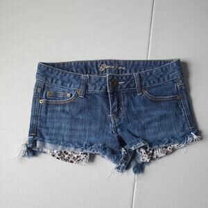 Y2K Guess Micro Shorts Womens 27 Blue Denim Cutoff Low Rise Frayed Hem Floral